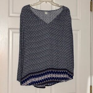 Old Navy Navy Blue Geometric Blouse Long Sleeve V Neck Size XL